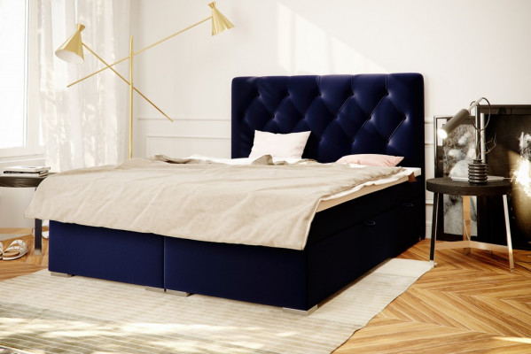 Box spring bed hotel double blue textile luxury beds upholstered bed frame function.