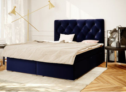 Box spring bed hotel double blue textile luxury beds upholstered bed frame function.