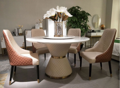 Round dining table + 4 armchairs, 5-piece set with seat cushion upholstery dining set
