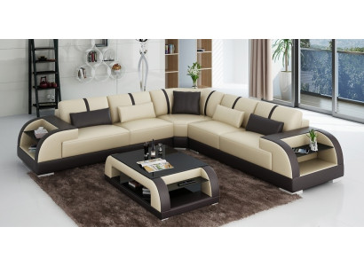 Design corner leather sofa couch upholstery set living landscape L shape modern beige