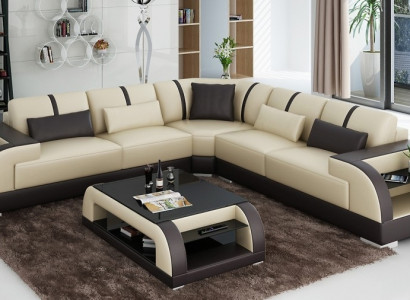 Design corner leather sofa couch upholstery set living landscape L shape modern beige