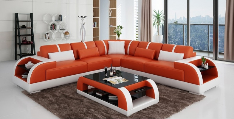 Design corner leather sofa couch upholstery set living landscape L shape modern beige