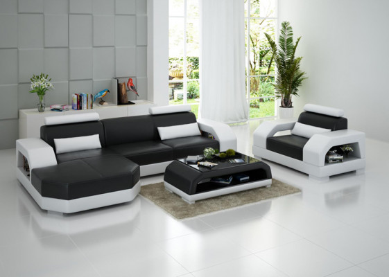 Leather sofa couch sectional corner sofa + armchair set design modern LED USB