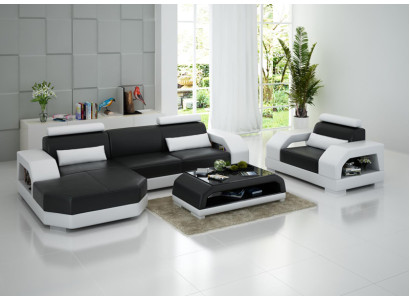 Leather sofa couch sectional corner sofa + armchair set design modern LED USB