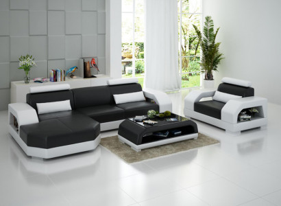 Leather sofa couch sectional corner sofa + armchair set design modern LED USB