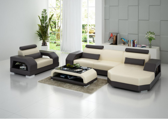 Leather sofa couch sectional corner sofa + armchair set design modern LED USB