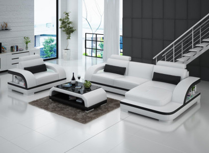 Leather Sofa Couch Living Landscape Corner Sofa + Armchair Suite Modern Sofa LED + USB