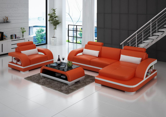 Leather Sofa Couch Living Landscape Corner Sofa + Armchair Suite Modern Sofa LED + USB