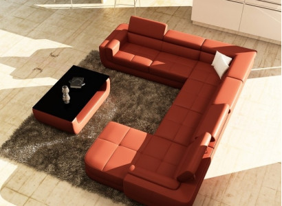 Upholstered Leather Sofa Sofa + USB Living Landscape U Shape XXL Big Orange Couch Corner Sofa