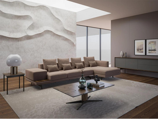 Living room set 3-piece corner suite sofa couch L-shape wooden coffee table