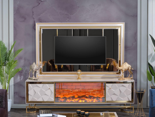 Decorative fireplace living room wall TV cabinet in elegant premium stainless steel design