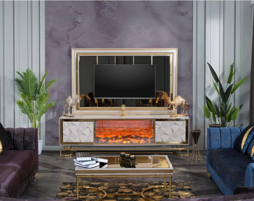 Decorative fireplace living room wall TV cabinet in elegant premium stainless steel design