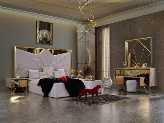 Bedroom set: bed, nightstands, dressing table with mirror in elegant Italian style in white color.