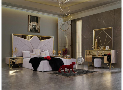 Bedroom set: bed, nightstands, dressing table with mirror in elegant Italian style in white color.