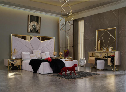 Bedroom set: bed, nightstands, dressing table with mirror in elegant Italian style in white color.
