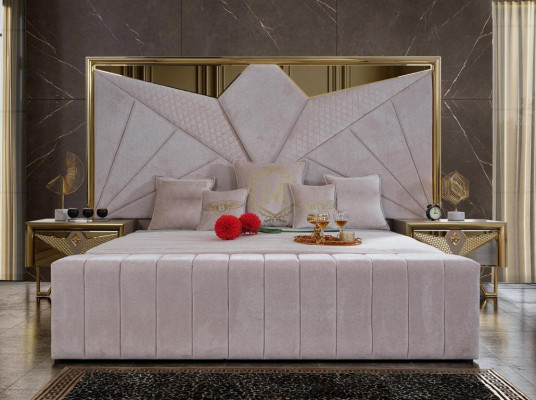 Bedroom set: bed, nightstands, dressing table with mirror in elegant Italian style in white color.