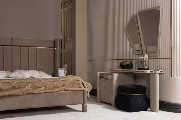 Bedroom set: bed, 2 nightstands, wardrobe, dressing table with mirror, 5 pieces, new.