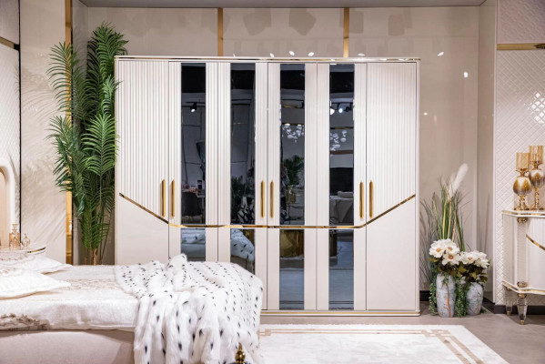 Bedroom set luxury bed, 2x nightstands, wardrobe, dresser with mirror, 5-piece set.