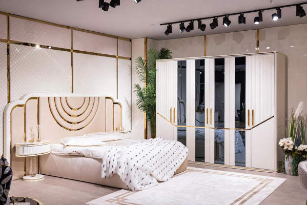 Modern bedroom set: bed, 2 bedside tables, wardrobe, design furniture, 4-piece