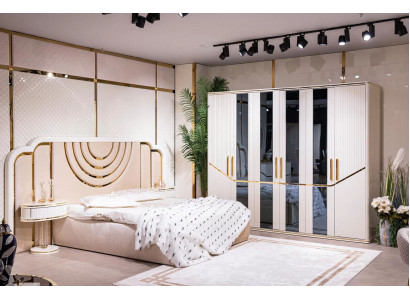Modern bedroom set: bed, 2 bedside tables, wardrobe, design furniture, 4-piece