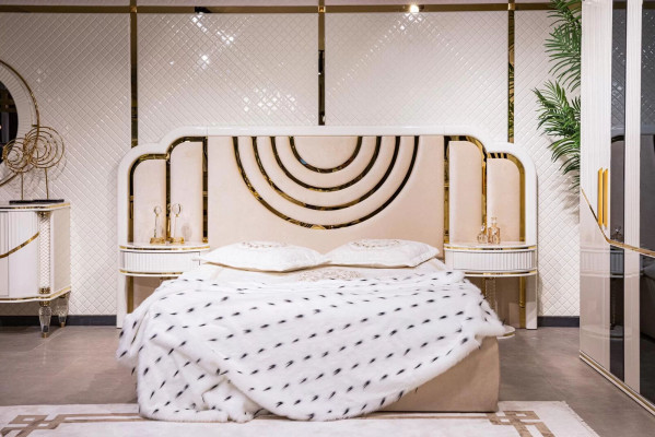 Modern bedroom set: bed, 2 bedside tables, wardrobe, design furniture, 4-piece