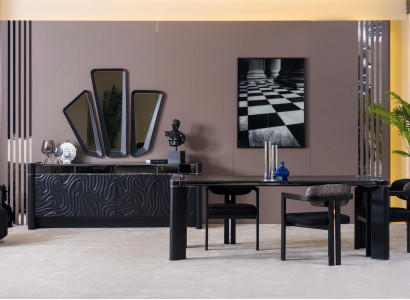 Black Dining Room Set Dining Table 6x Chairs Sideboard 3x Mirror Dining Group Luxury