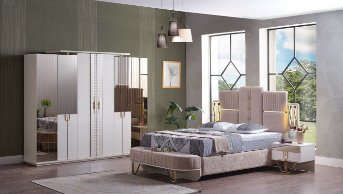 Luxury bedroom set 5-piece: bed, 2 bedside tables, wardrobe, bench modern