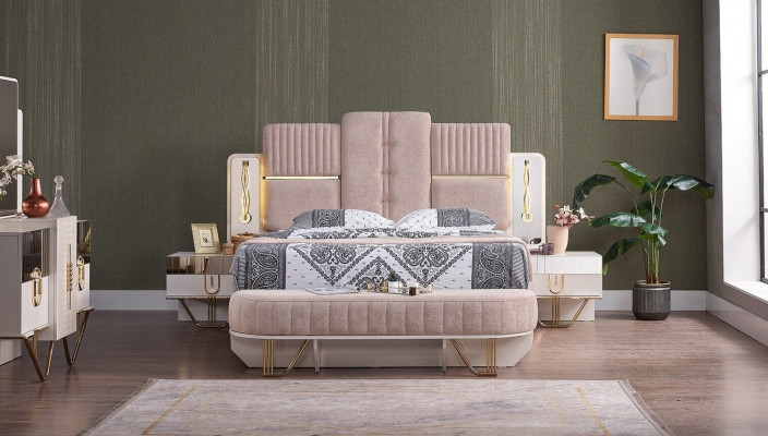 Luxury bedroom set 5-piece: bed, 2 bedside tables, wardrobe, bench modern