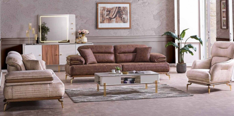 Living room furniture set 3+3+1 seats sofa suite 2x sofas armchair brown