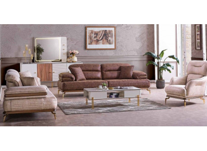 Living room furniture set 3+3+1 seats sofa suite 2x sofas armchair brown