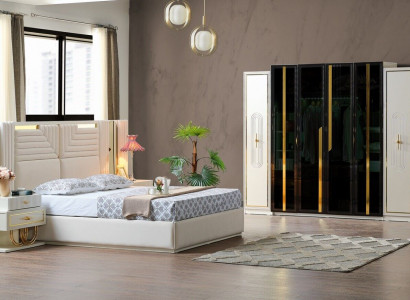 Modern bedroom set bed + 2x nightstands + wardrobe design furniture 4-piece