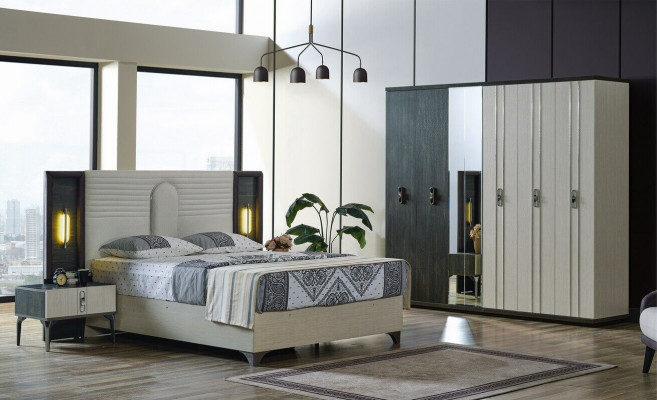 Luxury bedroom set, 4 pieces: bed, 2 nightstands, wardrobe, beige.