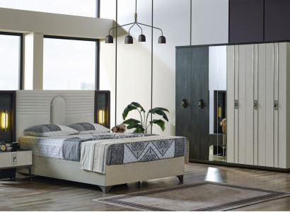 Luxury bedroom set, 4 pieces: bed, 2 nightstands, wardrobe, beige.