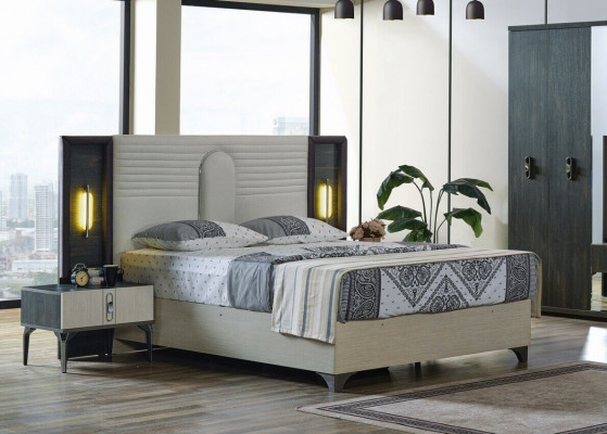 Luxury bedroom set, 4 pieces: bed, 2 nightstands, wardrobe, beige.