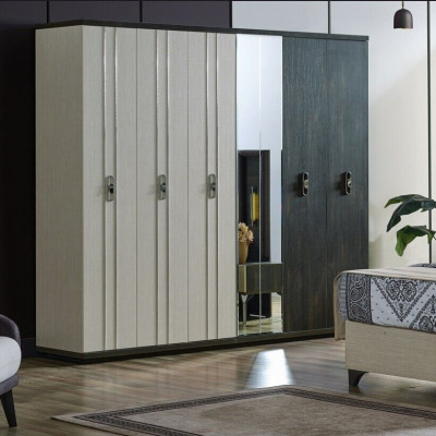 Luxury bedroom set, 4 pieces: bed, 2 nightstands, wardrobe, beige.