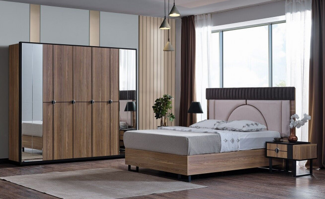 Luxury bedroom set 4-piece. Bed, 2 bedside tables, wardrobe, cabinet wood