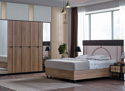 Luxury bedroom set 4-piece. Bed, 2 bedside tables, wardrobe, cabinet wood