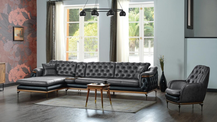 Black living room set corner sofa L-shape armchair modern Chesterfield complete