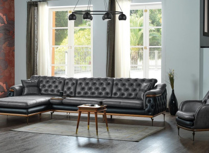 Black living room set corner sofa L-shape armchair modern Chesterfield complete