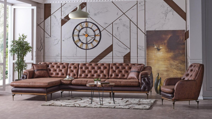 Brown L-Shaped Sofa Armchair Complete Living Room Set 2-Piece Luxury Brown