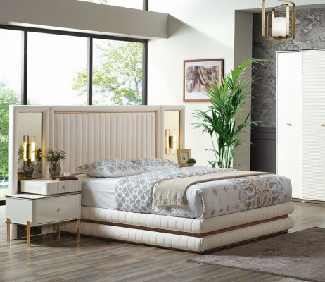 Modern bedroom set bed + 2x nightstands design furniture 3 pcs. Beige