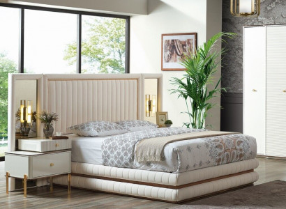Modern bedroom set bed + 2x nightstands design furniture 3 pcs. Beige