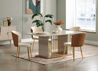 Dining room set Modern dining table + 6x chairs table wood upholstered chair 7-piece set
