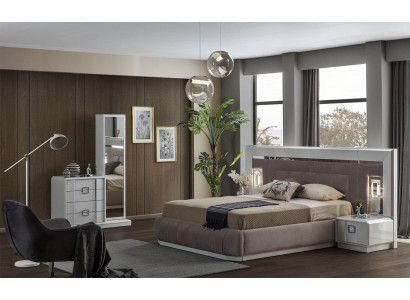 Modern bedroom set: bed + 2x nightstands + dresser with mirror luxury new