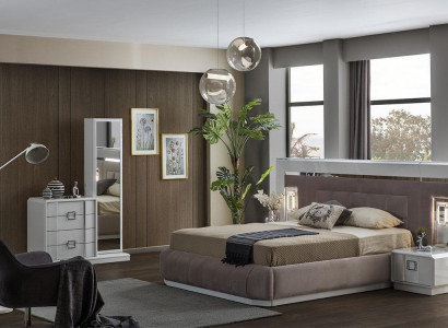 Modern bedroom set: bed + 2x nightstands + dresser with mirror luxury new
