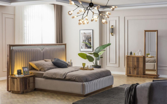 Modern bedroom set bed + 2x nightstands + dresser with modern mirror