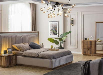 Modern bedroom set bed + 2x nightstands + dresser with modern mirror
