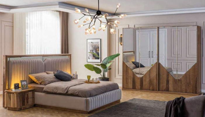 Luxury bedroom set bed + 2x nightstands + wardrobe modern complete