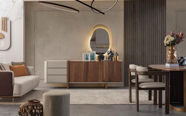 Luxury Dining Room Set Dining Table + 6x Chairs + Sideboard + Mirror 9 pieces Modern