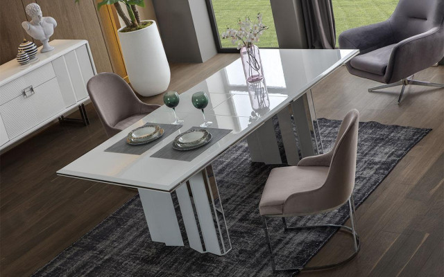 Luxury Dining Room Set: Dining Table + 6 Chairs + Sideboard with Mirror Modern Complete